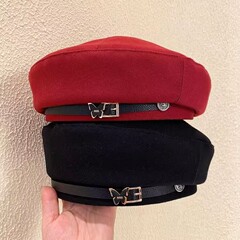 日本の秋冬栗団子〜甘くてクールでファッショナブルなメタルチェーンベレー帽フラットトップレトロ多用途黒八角形帽子