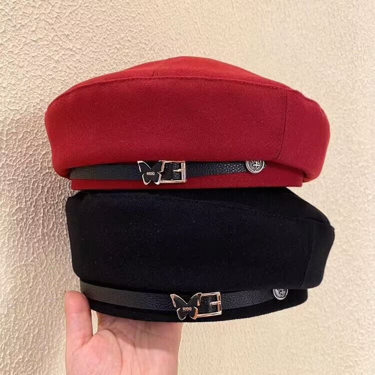 日本の秋冬栗団子〜甘くてクールでファッショナブルなメタルチェーンベレー帽フラットトップレトロ多用途黒八角形帽子|undefined