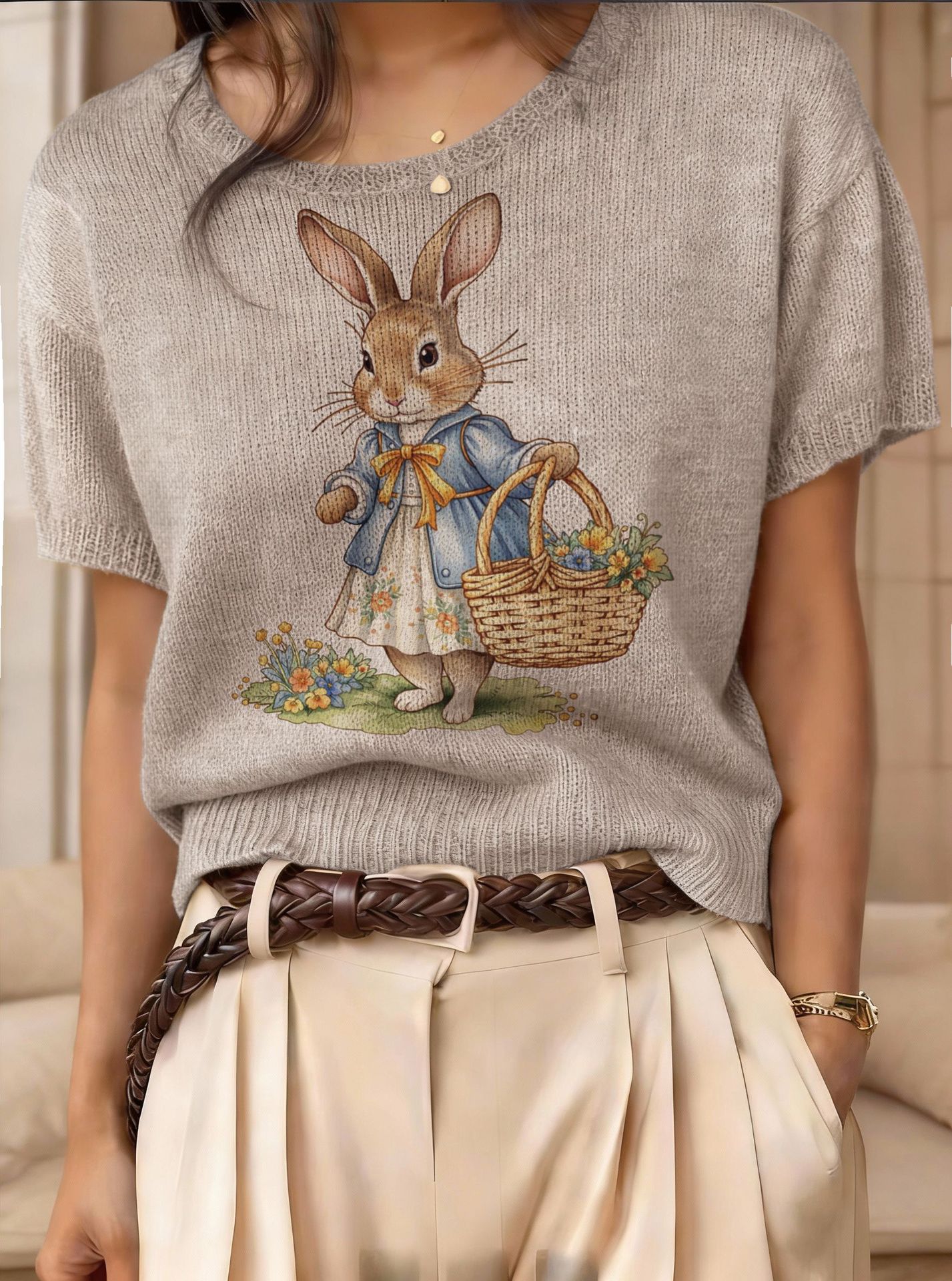 Amazon Temu Cross-Border New Design Rabbit Cartoon Pattern Short-Sleeved Summer Top Loose Fit Hot-Selling