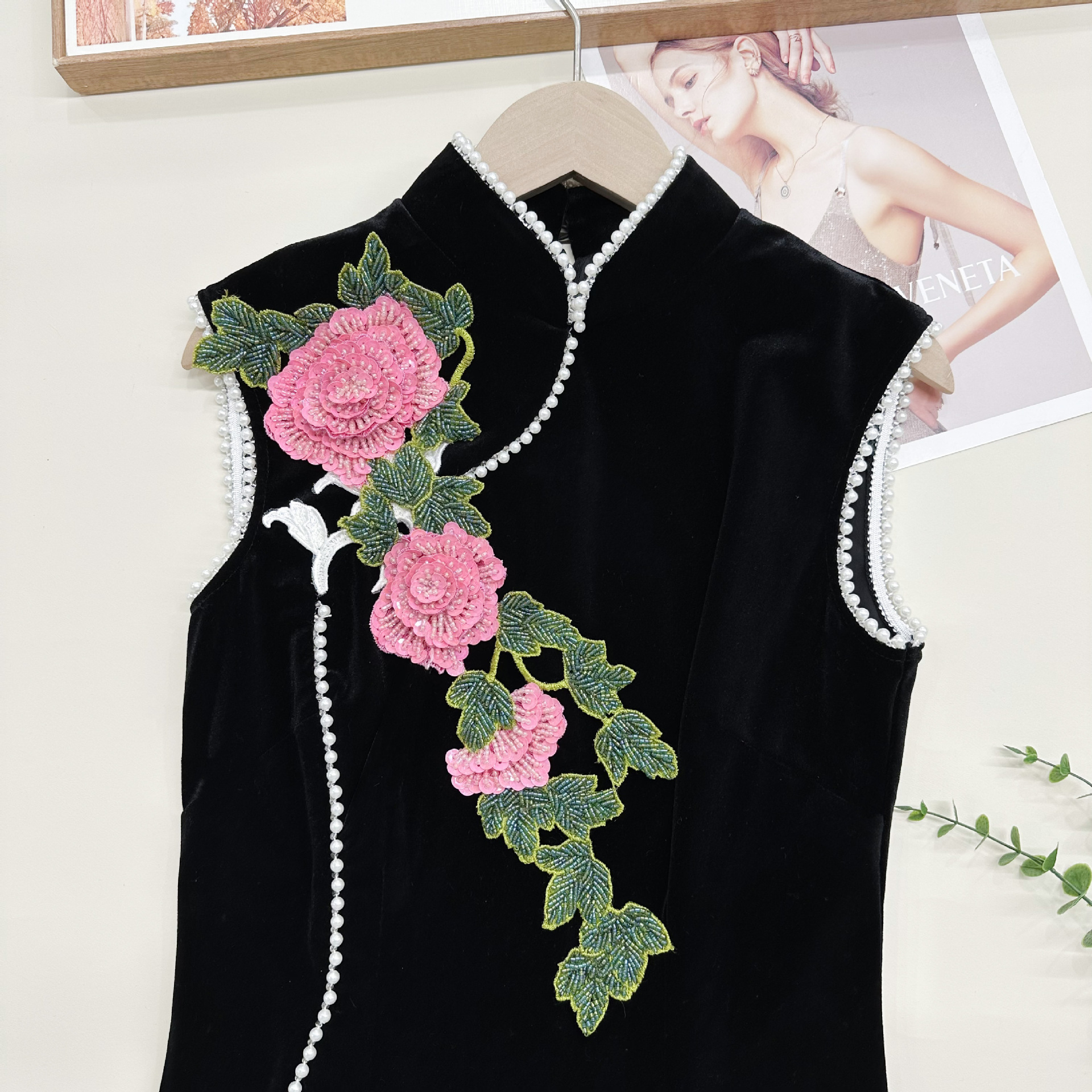 Nuevo bordado de peonía larga vestido de boda de mujer cheongsam decoración de collar parche de flores cuentas tridimensionales image 4