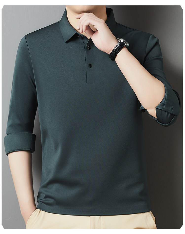 T-shirt a maniche lunghe da uomo in peluche spesso 2024 Autunno / inverno Nuova camicia di base in tinta unita con risvolto business di mezza età_voghion.com