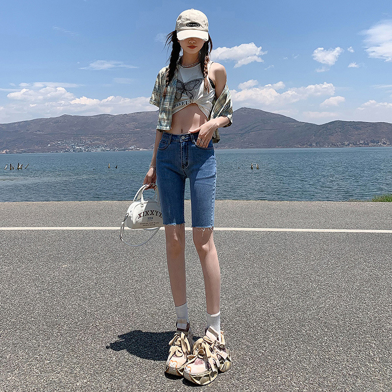 Internet Celebrity Cycling Pants Stretch Denim Five-Point Pants for Women 2025 Summer New Tight-Fitting High-Waisted Slimming Look Mid-Pants for Small People