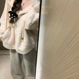 奶慵懒连帽针织开衫外套女秋季软糯多巴胺彩虹粉毛衣秋冬