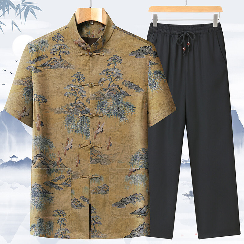 Xiangyun Yarn Tang Dress Men's Summer Middle-aged and Elderly High-end Silk Dad Dress Chinese Style Casual Thin Short-sleeved suit