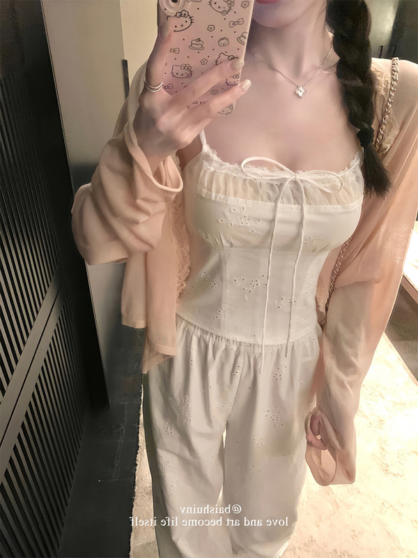 白水籹 蜜桃白茶 花边吊带背心女春夏外穿美背内搭短款显瘦上衣|undefined