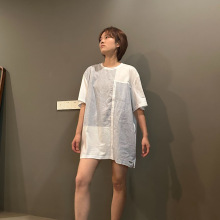 【SY7241】男士大码上衣 女士当裙子穿55%条纹亚麻拼色棉质短袖上