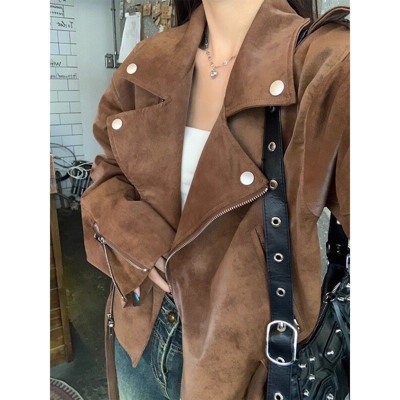 Autumn Maillard Wears Brown Short Jacket for Women in Spring and Autum American Motorcycle Jacket High-End Niche Retro Jacket