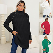女士打底衫跨境欧美女装秋冬加厚毛衣珍珠高领简约钉珠开叉连衣裙