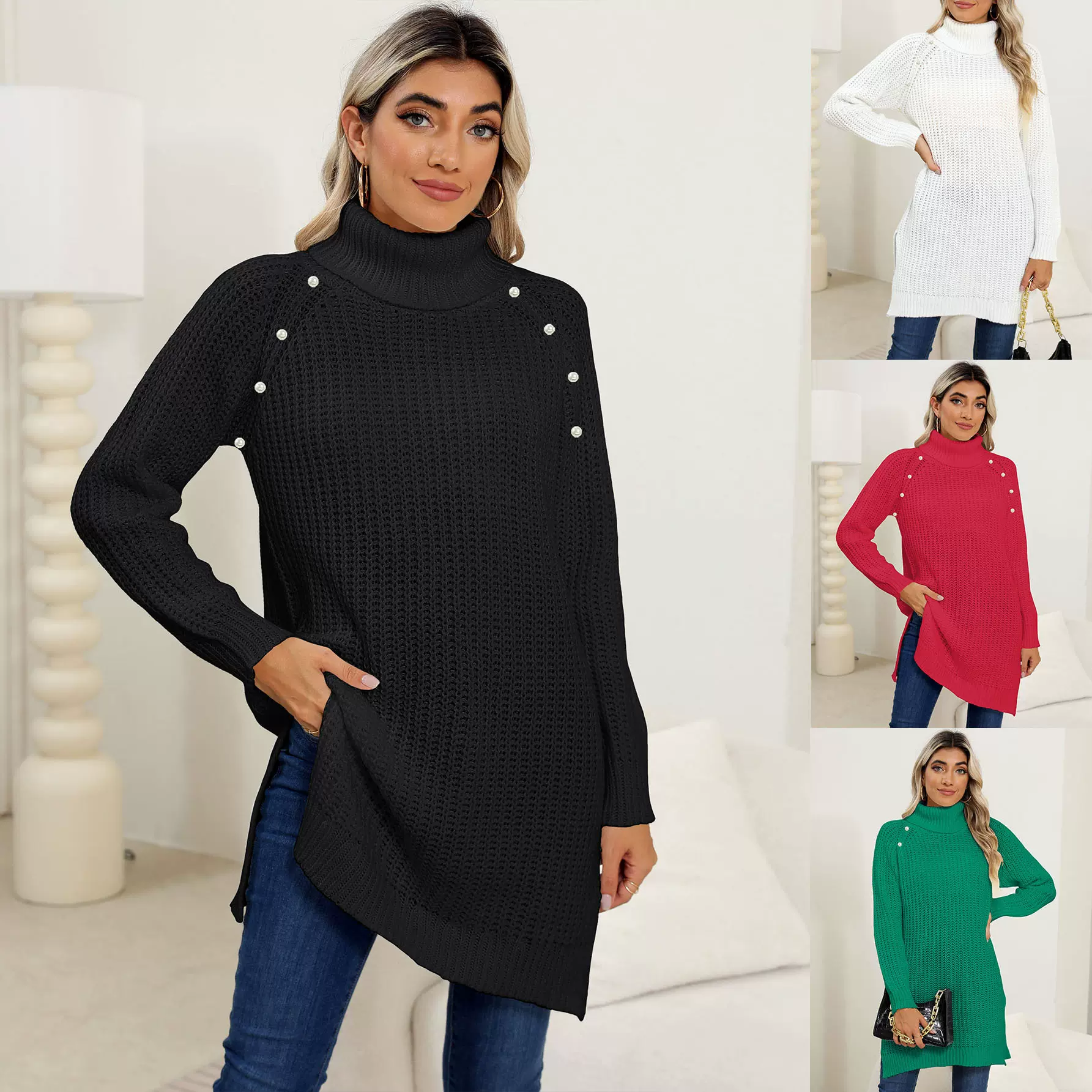 女士打底衫跨境欧美女装秋冬加厚毛衣珍珠高领简约钉珠开叉连衣裙