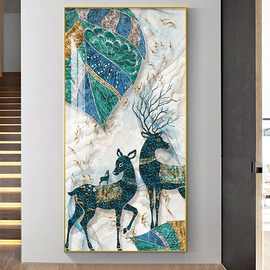 入户玄关装饰画走廊过道麋鹿竖款轻奢风北欧大气晶瓷挂画
