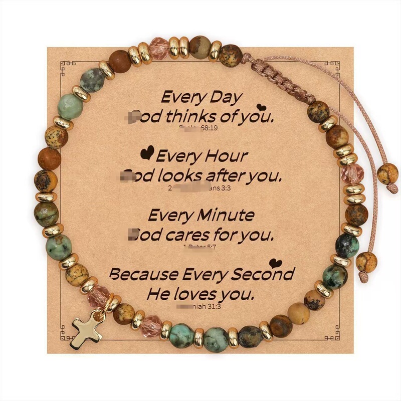 Colorful Natural Stone Bracelet with Turquoise and Gold Spacer Alloy Pendant, Wax Thread Woven Bracelet, Cross Semi-Precious Stone Bracelet