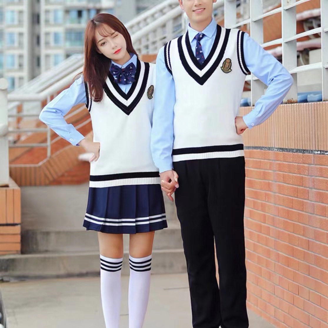 现货 学院风jk校服毛衣背心V领无袖马甲情侣打底针织衫圣诞表演服