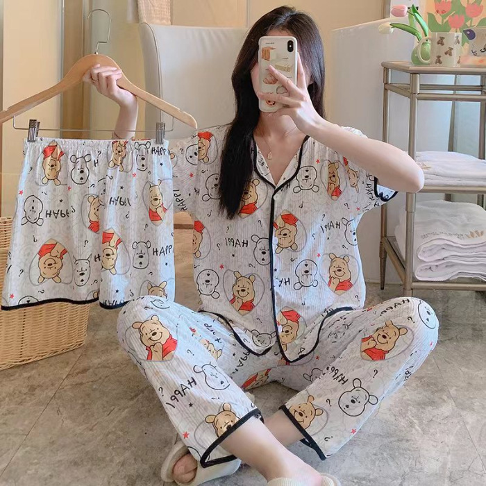 新しいカーディガンのパジャマの女性の半袖のズボンの3つのセットの漫画のかわいいレジャーの家の服の四季は外で着ることができます。|undefined