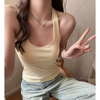 挂脖吊带小背心女新款设计感性感辣妹带胸垫式露背纯色内搭上衣