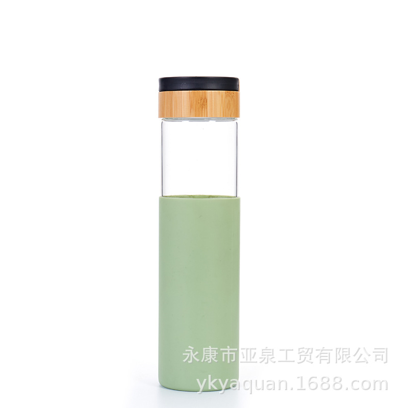 Cruz-frontera espesado vidrio borosilicato Flor de vidrio taza de té espiral de bambú cubierta de vidrio taza de agua con la cubierta de la taza de silicona