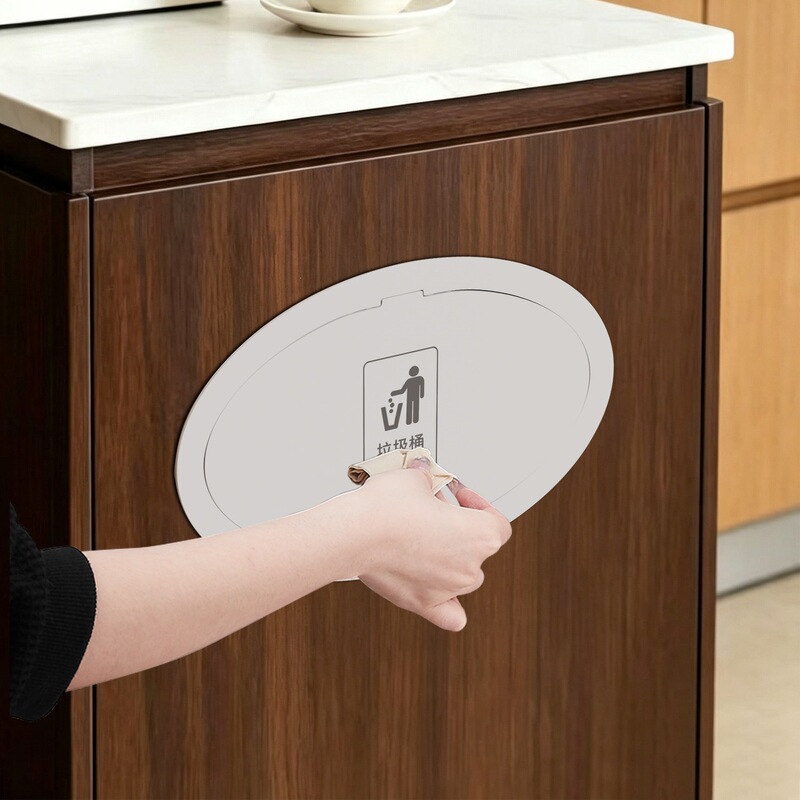 Embedded cabinet, stainless steel, oval-shaped push-to-open cabinet door, hidden trash chute, side-mounted, side-opening cover Embedded cabinet, stainless steel, oval-shaped push-to-open cabinet door, hidden trash chute, side-mounted, side-opening cover