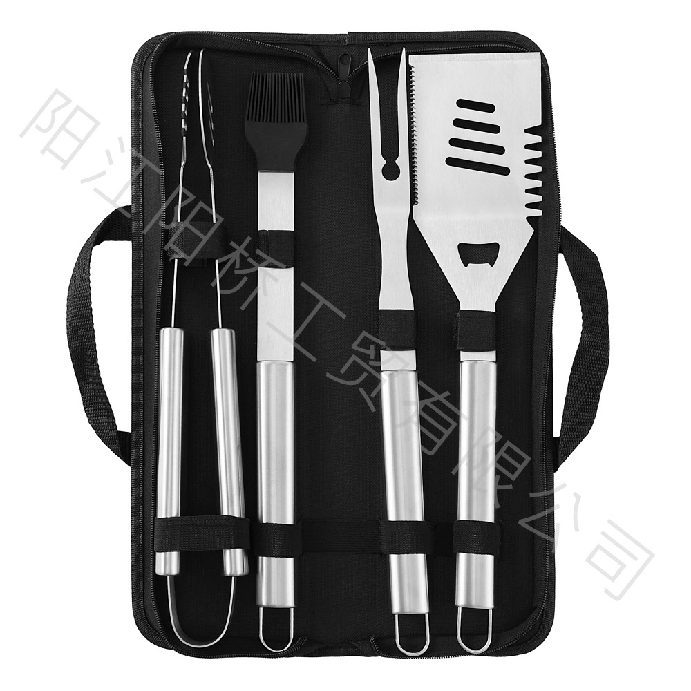 Fabricante de acero inoxidable transfronterizo en stock conjunto de herramientas de barbacoa camping horquilla de barbacoa cascada bolsa de almacenamiento combinación de parrilla