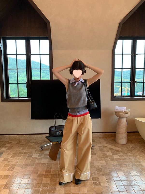 le rouge周美美 解码个性条纹卡其拼接弹力双腰头翻边休闲裤|undefined