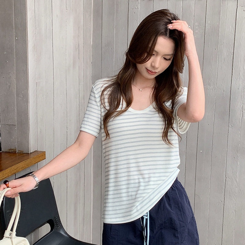 Zhen Dai Ni Linen Basic Spring/Summer Slimming U-Neck Short Sleeve T-Shirt for Women, Cool Collar, Versatile Acetate Tencel New Style