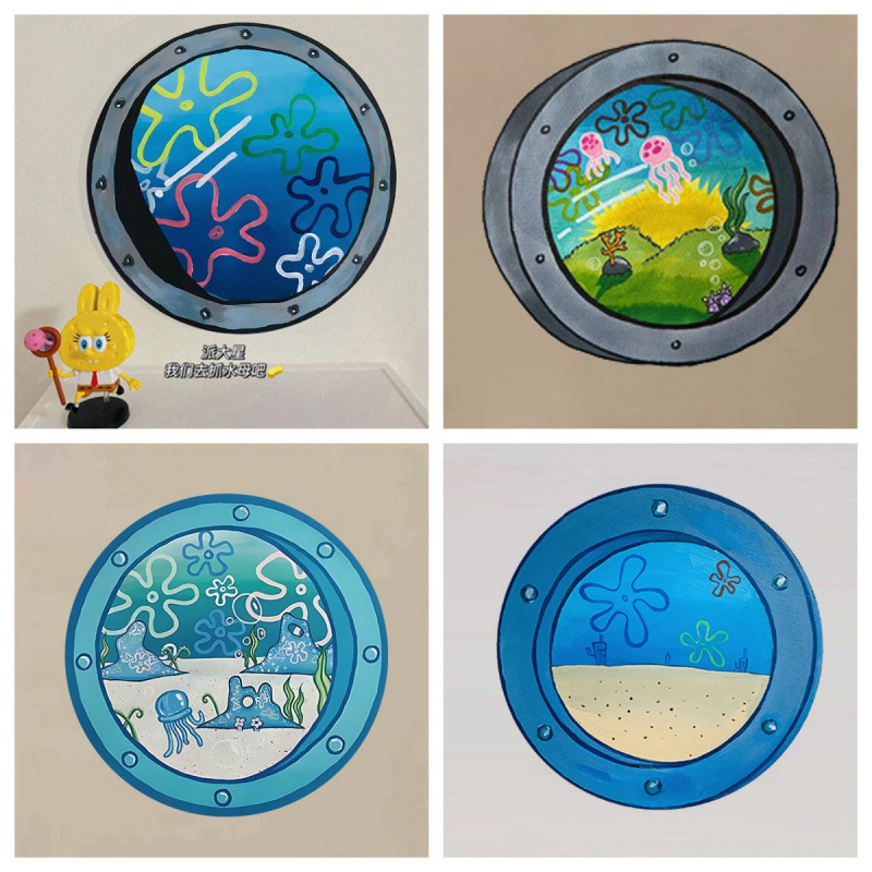Cross-Border 3D Spongebob Window Bikini Bottom Underwater World Background Wall Home Decoration Self-Adhesive Waterproof Creative