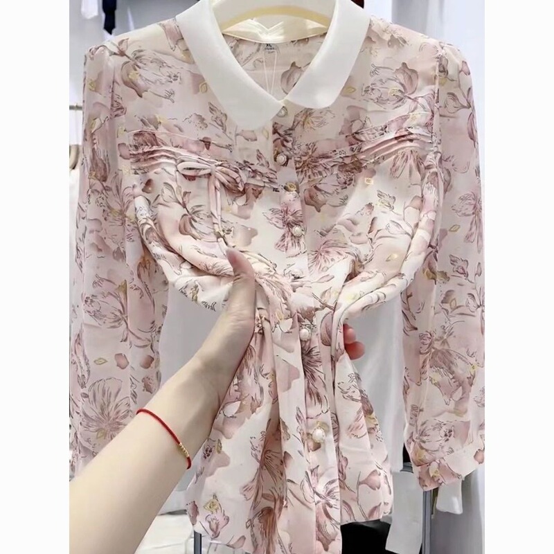 Mother's Day Slimming Shirts, Thin Chiffon Shirts with Doll Collars, Trendy This Year, Summer Wear for Middle-Aged and Elderly Mothers