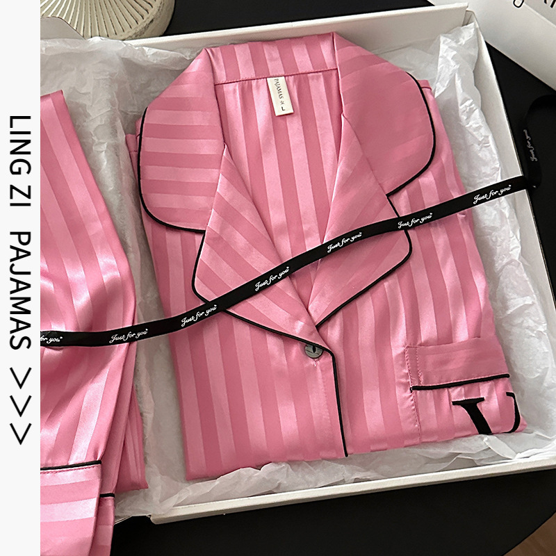 2025 New Ice Silk Pajamas Women Barbie Powder Vimi Jacquard Striped Double Long Light Luxury Home Clothes suit 2025 New Ice Silk Pajamas Women Barbie Powder Vimi Jacquard Striped Double Long Light Luxury Home Clothes suit