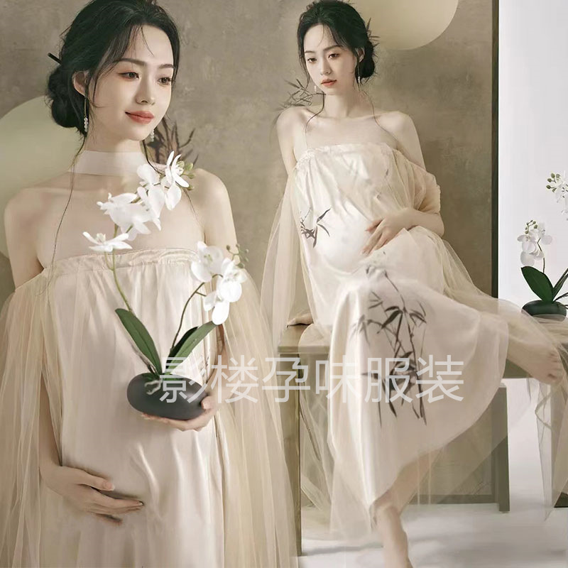 Studio theme maternity photo clothing new Chinese style garden ink painting printing style tube top off-shoulder mesh dress