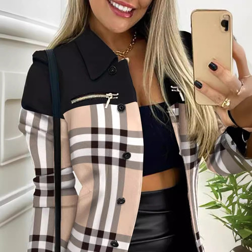 Independent site wish Amazon 2025 autumn and winter long-sleeved zipper color-blocking printed lapel small jacket