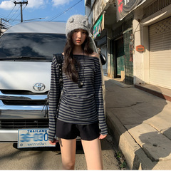 你好卡农 荡领条纹长袖t恤女春秋2025新款修身显瘦设计感别致上衣