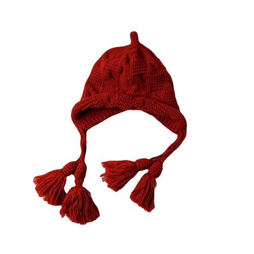 Japanese-style versatile new year autumn winter warm handmade woolen knitted hat with ear flaps and tassels, beanie hat