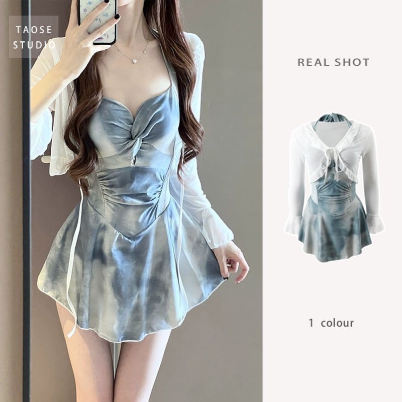 Women's Popular Swimsuit Long-Sleeved Sun Protection Blouse Halo-Dyed Halterneck One-Piece Ins Pure Lusty Romantic Seaside Swimsuit