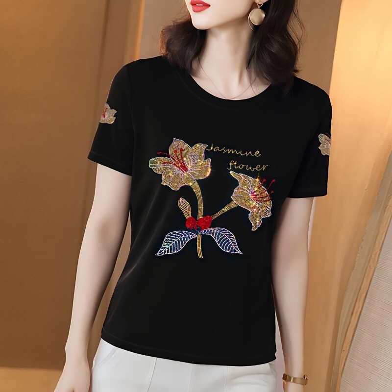 Middle-Aged and Elderly Women's Short-Sleeve T-Shirt, Plus Size Loose Modal Cotton Round Neck Base Shirt for Women