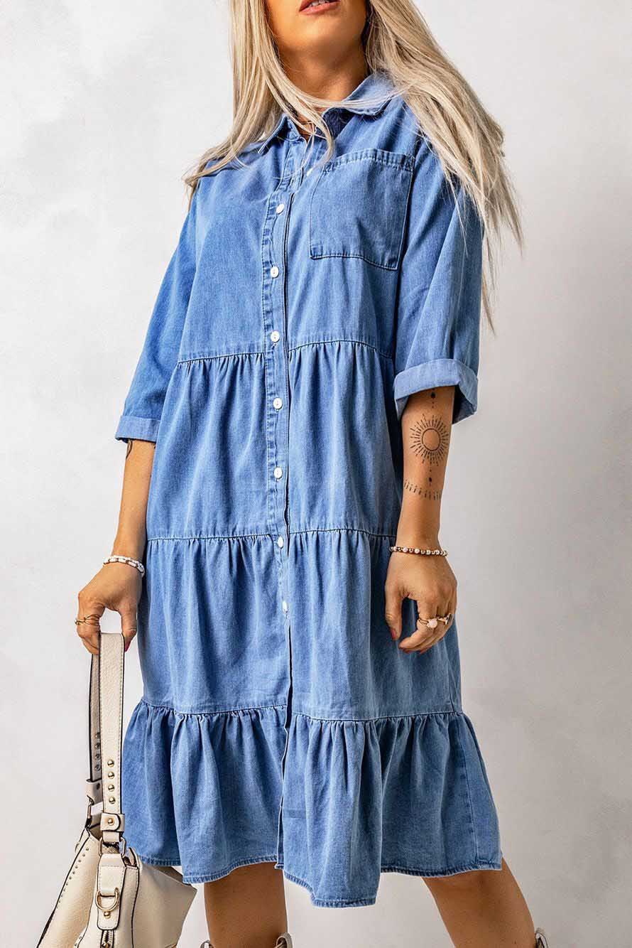 Casual Solid Color Turndown Nine Points Sleeve Cotton Polyester Midi Dress Denim Shirt Dress