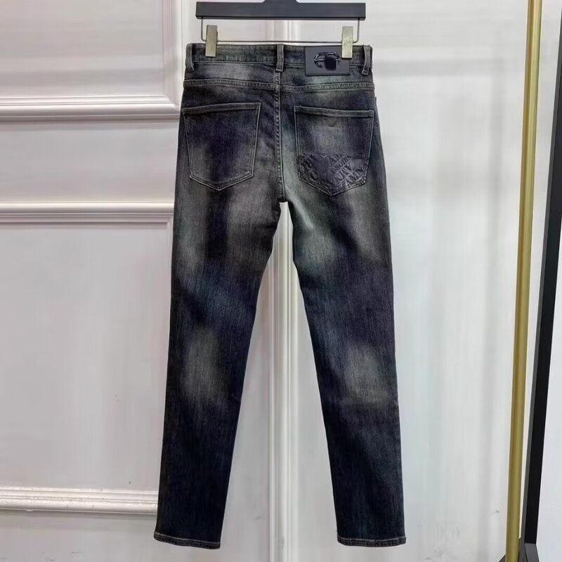 Carefully Selected Men's Jeans Washed Straight Casual American European Style Letter Retro Light Blue Pants Social Guy