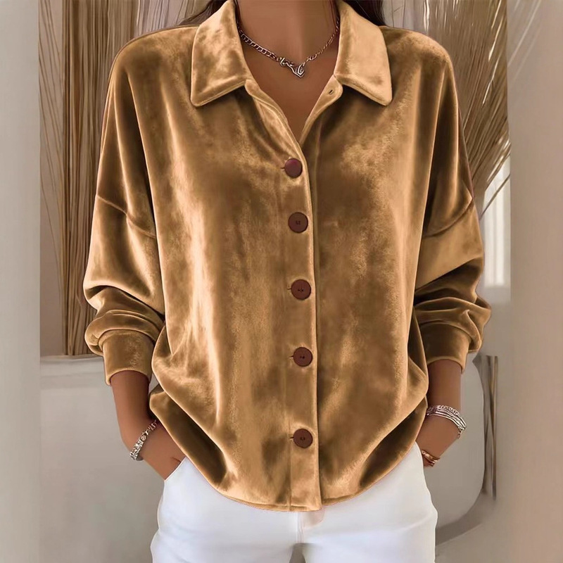2025 European and American Foreign Trade Cross-Border Amazon New Women's Casual Long-Sleeve Shirt Collar Cardigan Velvet Top 2025 European and American Foreign Trade Cross-Border Amazon New Women's Casual Long-Sleeve Shirt Collar Cardigan Velvet Top