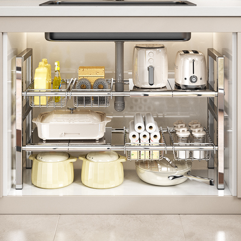 Stainless steel retractable kitchen sink storage rack in the kitchen cabinet layered rack under the sink multifunctional storage pot