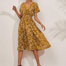 2024外贸女装欧美欧洲站亚马逊跨境夏季小碎花印花短袖连衣沙滩裙