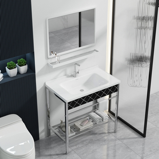 Balcony Floor-Standing Washbasin Integrated Ceramic Bathroom Washbasin Stainless Steel Bracket Washbasin Without Drilling