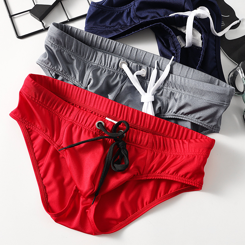 New Men's Swimming Trunks Solid Color Anti-Exposure Triangle Shorts Lace Tight Sports Quick-Drying Pants Ready for Cross-Border