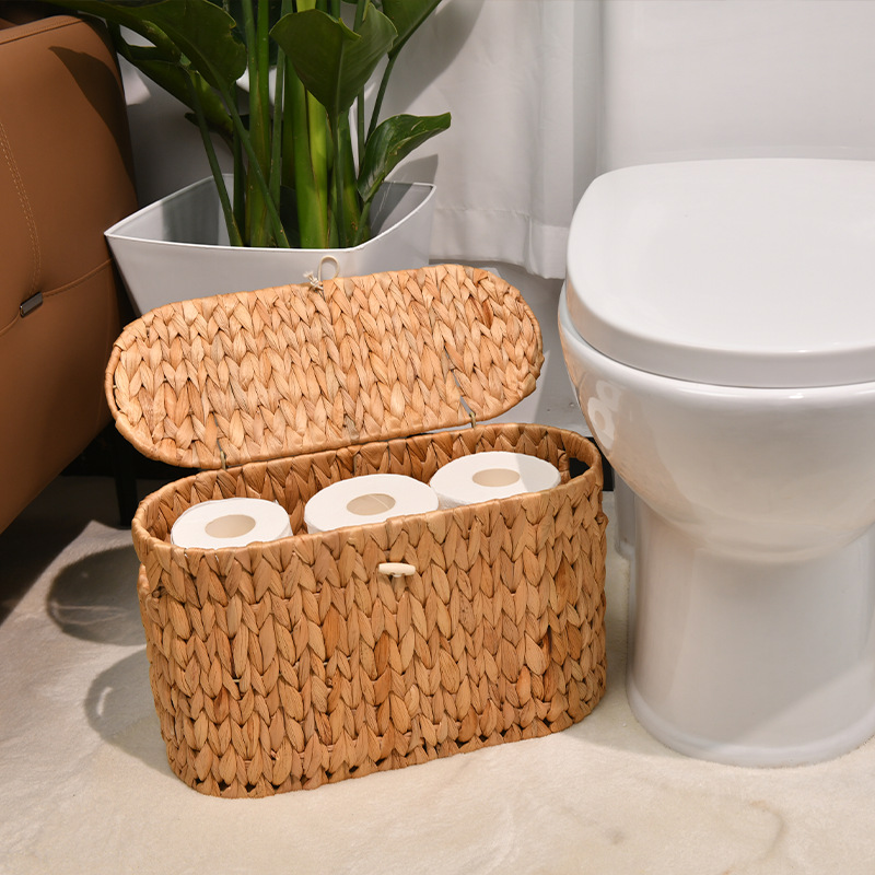 Cesta de almacenamiento a prueba de polvo portátil con cubierta, caja de almacenamiento trenzada de calabaza de agua, cesto de almacenamiento de artículos sanitarios domésticos