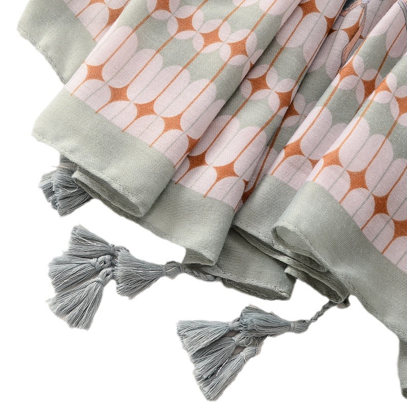 Moda europea y americana delgada suave aire acondicionado chal naranja decoración geométrica playa protector solar bufanda de algodón y lino sensación bufanda