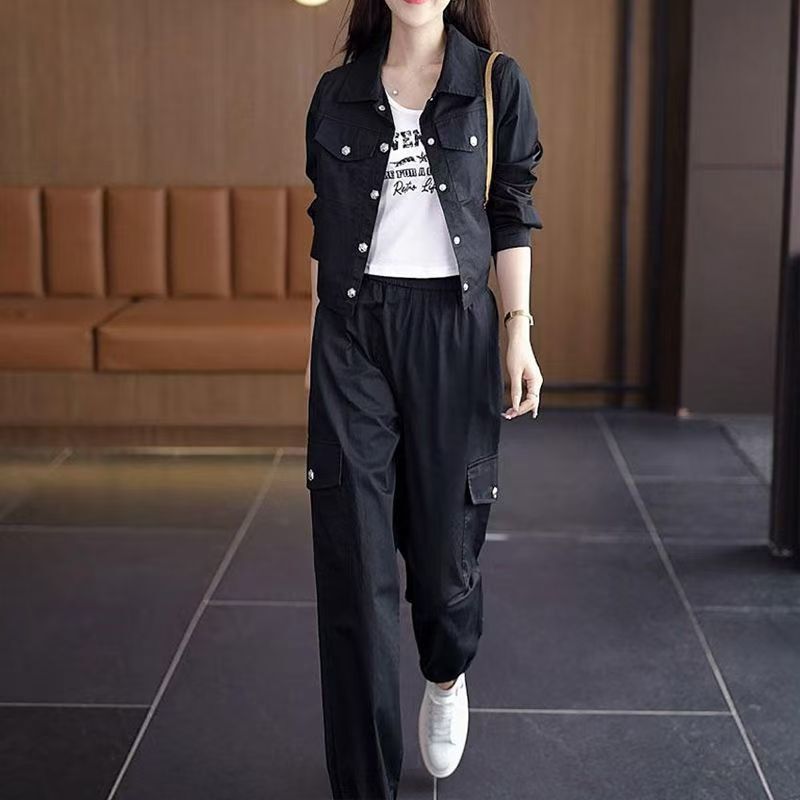 春秋新款时尚减龄洋气大码宽松夹克外套两件套休闲工装套装女|undefined
