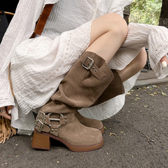 2023新款皮帶扣長靴女粗跟高跟堆堆靴歐美西部牛仔靴磨砂騎士靴