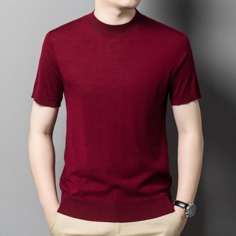 100% Wool Short-Sleeved Men's High-End Round Neck Half-Sleeved Wool Sweater 2024 Autumn Half-Sleeved Sweater Wool Bottoming Sweater