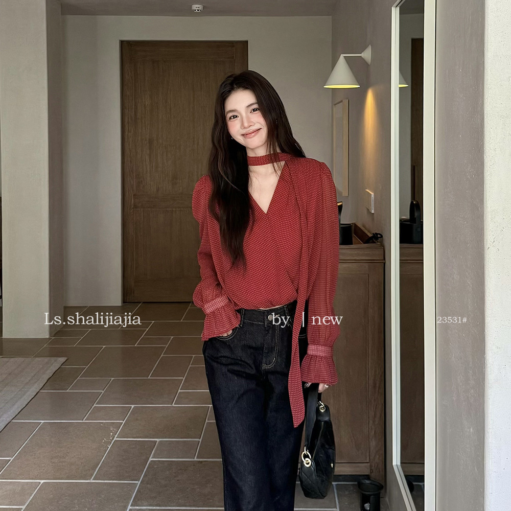 LS French Elegant Polka Dot V-Neck Shirt, Guangzhou Shisanhang 2026 Early Autumn New Women's Top 23531#