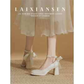 玛丽防水高跟鞋新款中式旗袍单鞋方头红色秀禾婚鞋缎面新娘一字