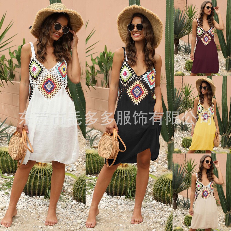Dongguan sweater factory wholesale Amazon women's hand crochet mosaic overalls beach shirt hollow strap dress