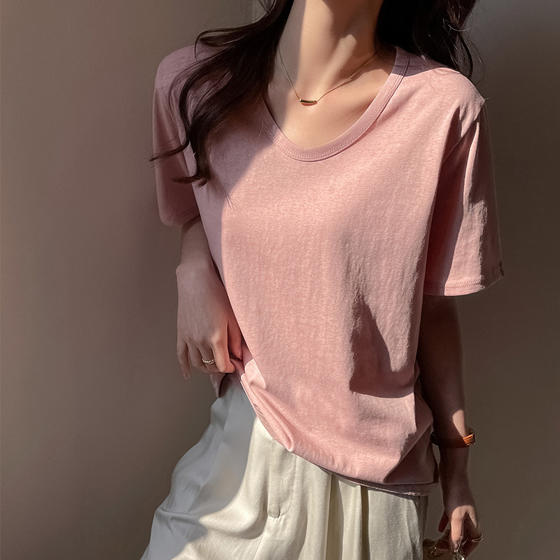 엄선된 솔리드 컬러 브이넥 루즈한 한국식 오른쪽 어깨 반팔 티셔츠 여성용 눈꽃면 레이지 스타일 하이엔드 캐주얼 탑