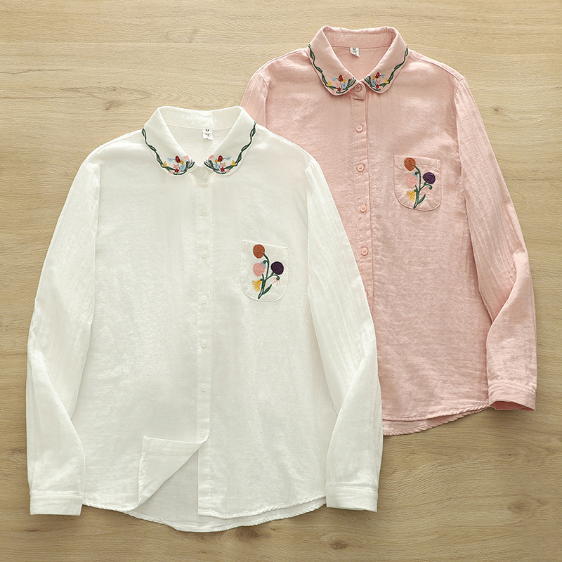 Korean version of new pocket embroidery sunflower ladies cardigan double yarn long sleeve bottoming shirt shirt wholesale Korean version of new pocket embroidery sunflower ladies cardigan double yarn long sleeve bottoming shirt shirt wholesale