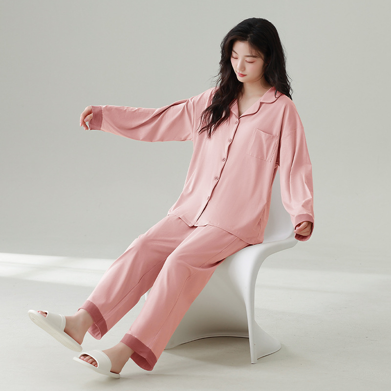 잠옷 여성의 새로운 [COOL COTTON] 긴 소매 바지 세트 옷깃 가슴 패드 솔리드 컬러 편안한 외부 착용 홈 의류 세트